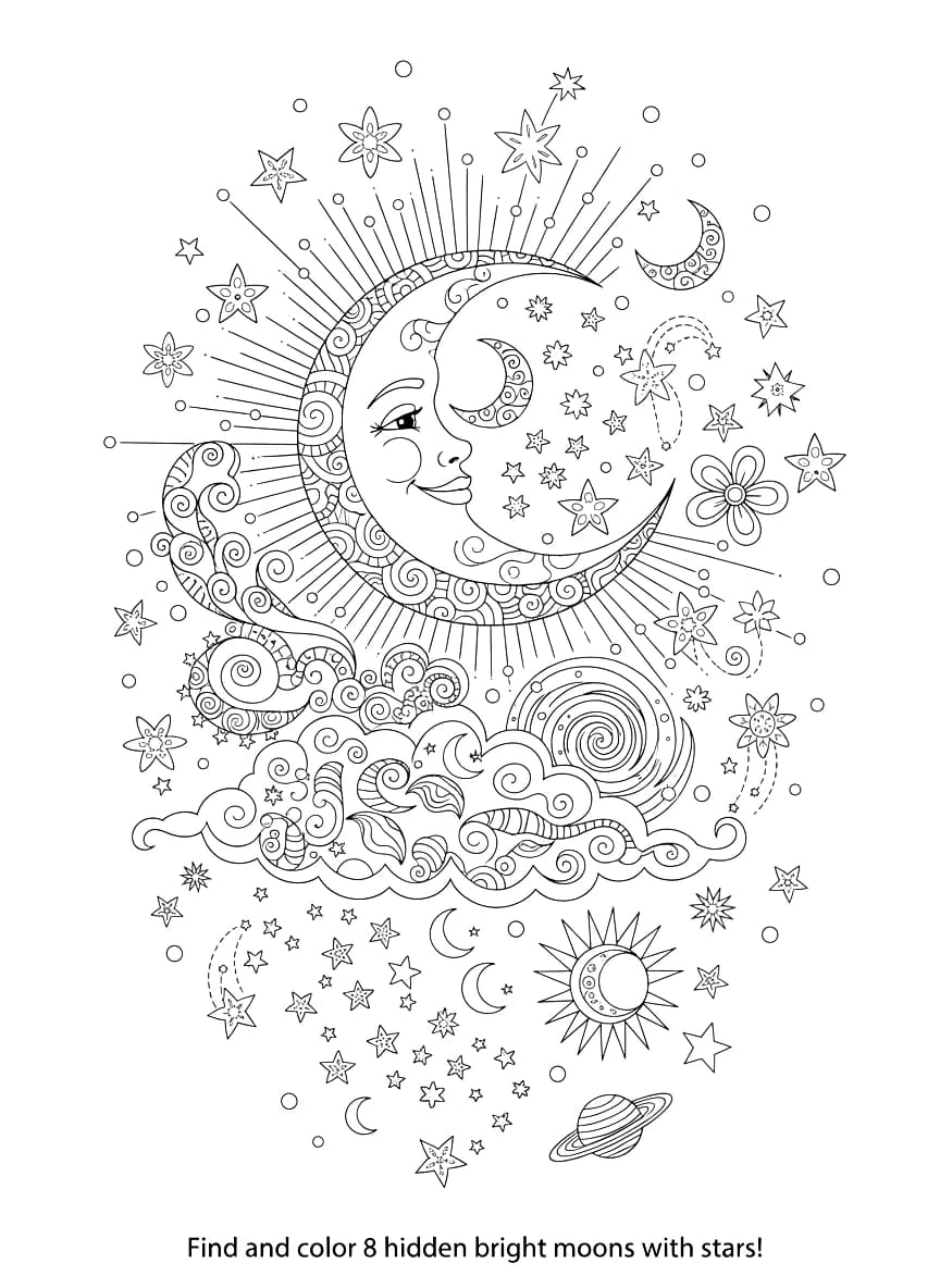 A lua brilhante e as estrelas cintilantes trazem uma noite mágica para colorir.