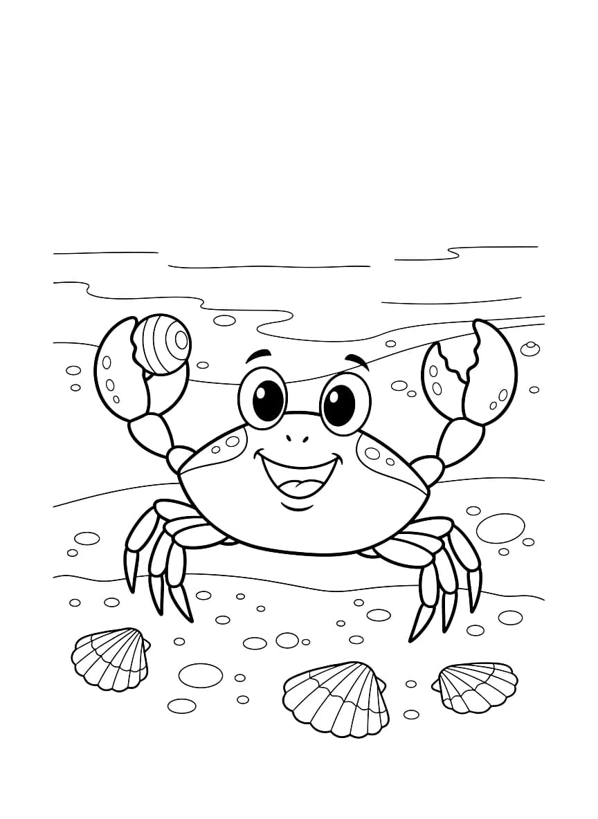 Um caranguejo feliz brincando na areia.