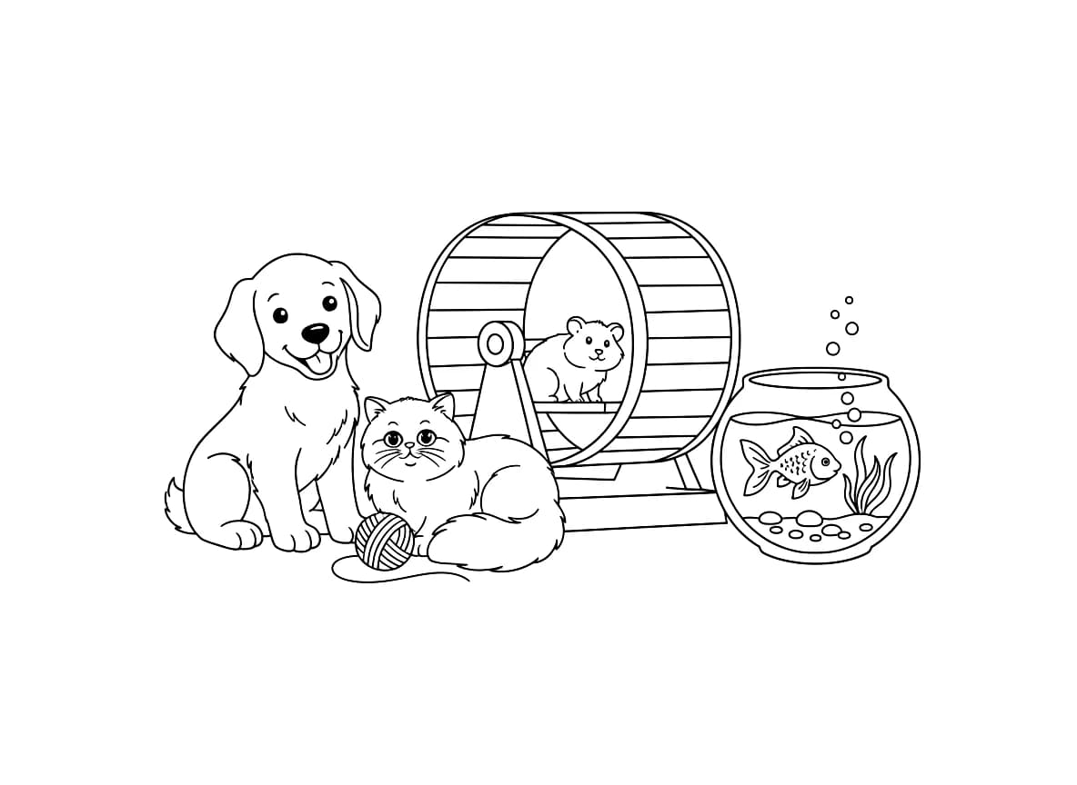 Uma variedade de animais de estimação, incluindo um cachorro, um gato, um hamster e um peixe, todos prontos para serem coloridos.