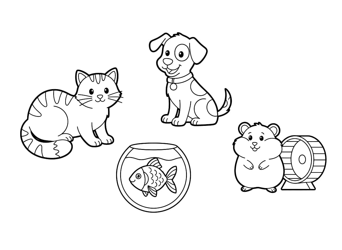 Animais de estimação domésticos, incluindo um gato, cachorro, peixe e hamster, dispostos independentemente.