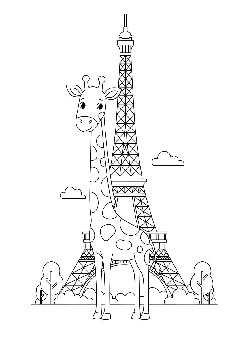 A giraffe stands in front of the Eiffel Tower, ready for coloring.