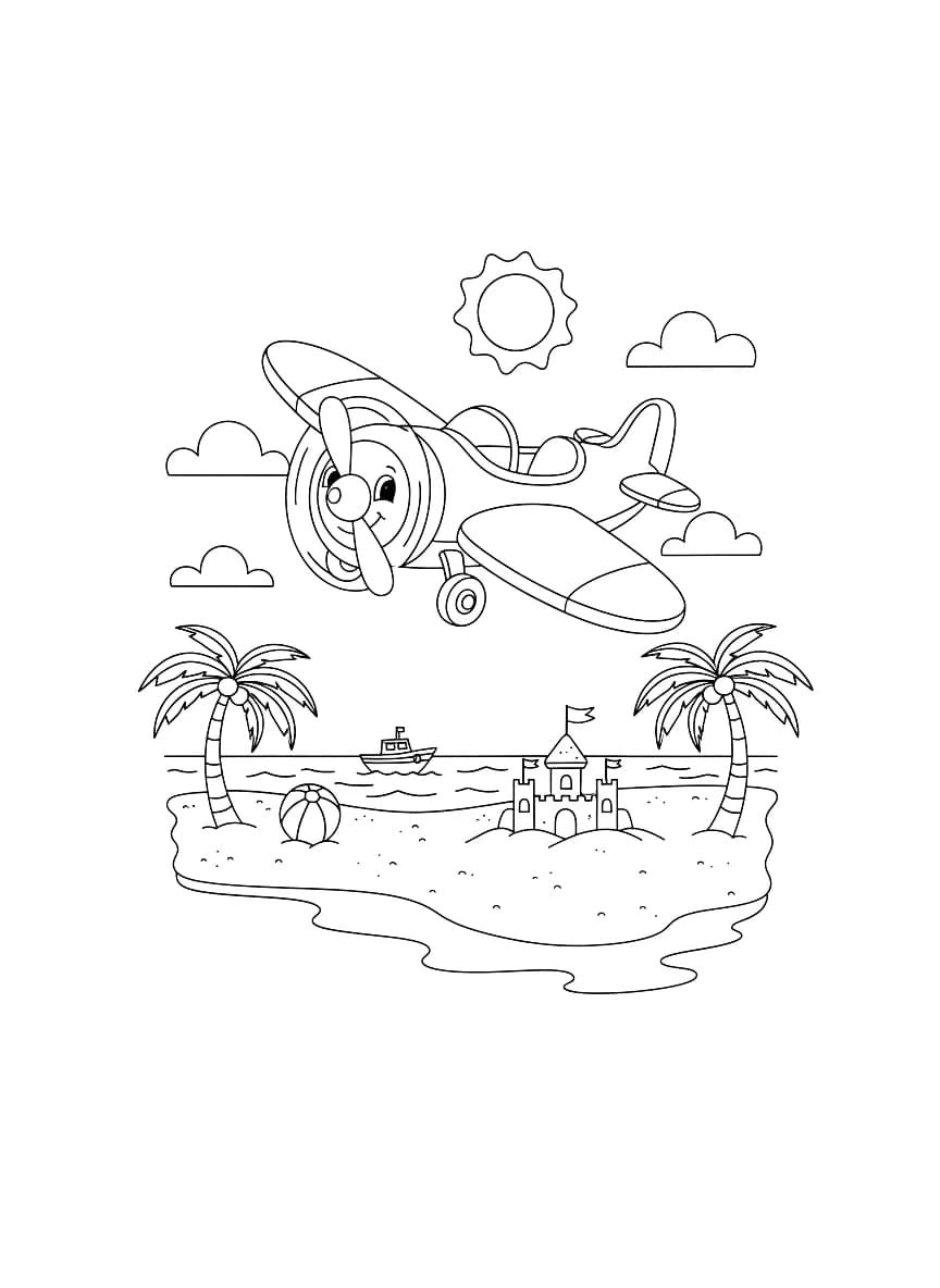 Um avião divertido voando baixo sobre uma praia ensolarada.