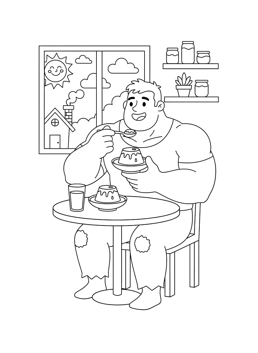 O homem forte está saboreando um delicioso pudim.