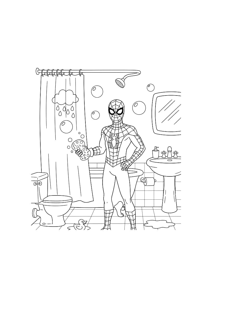 Um super-herói com traje de aranha está em um banheiro.