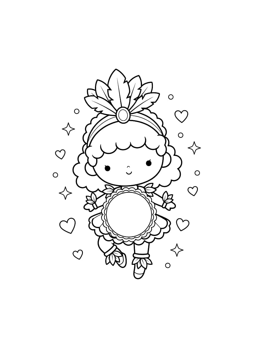 Uma menina fofa em traje de samba com um rótulo circular em branco para colorir.