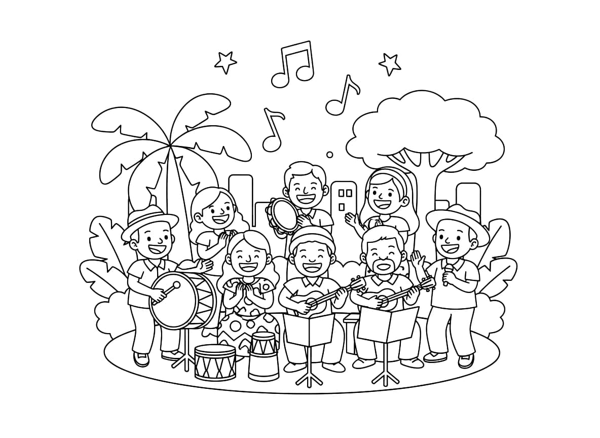 Uma roda de samba com vários músicos tocando e cantando.