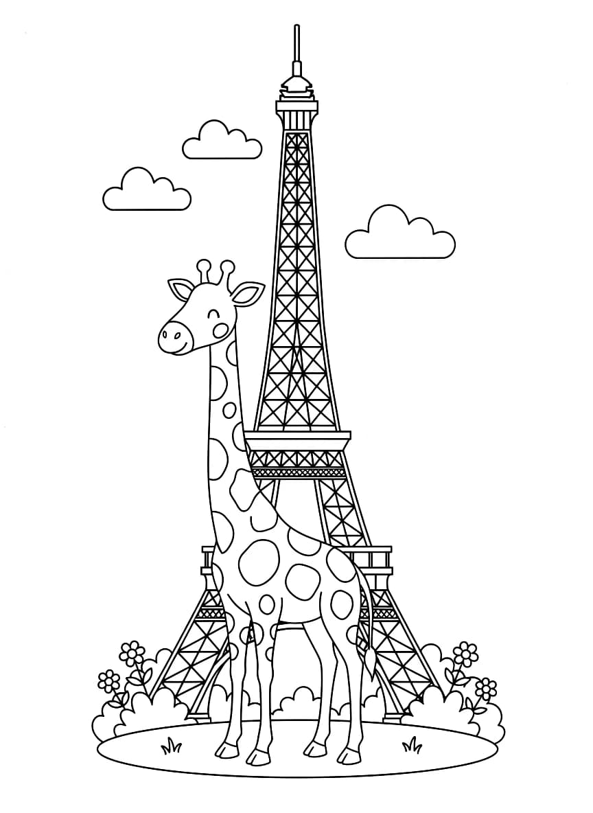A giraffe stands gracefully in front of the Eiffel Tower, ready for coloring.
