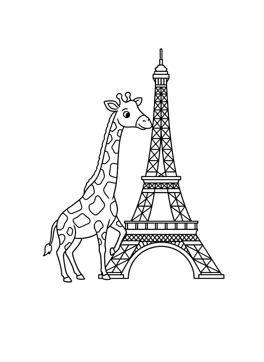 A giraffe standing in front of the Eiffel Tower.