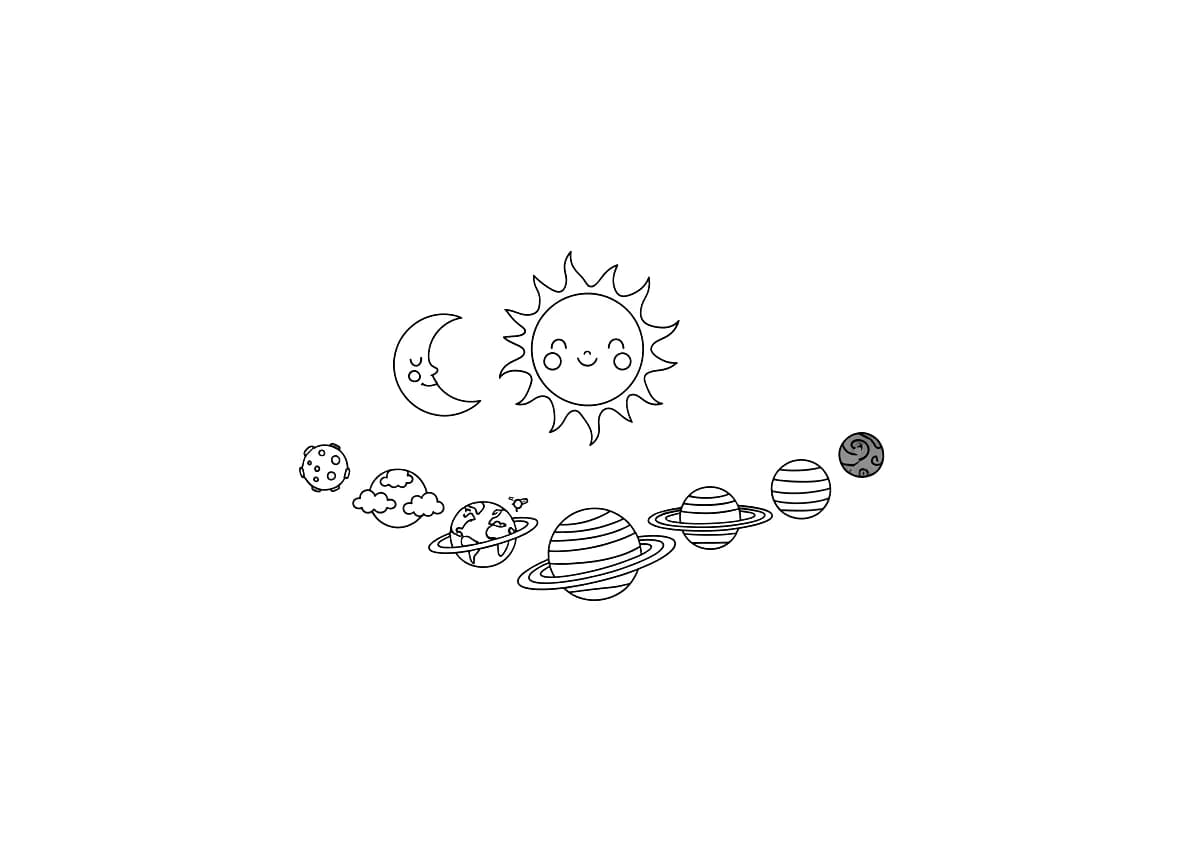 De maan, de zon en alle planeten in een vriendelijke illustratie.