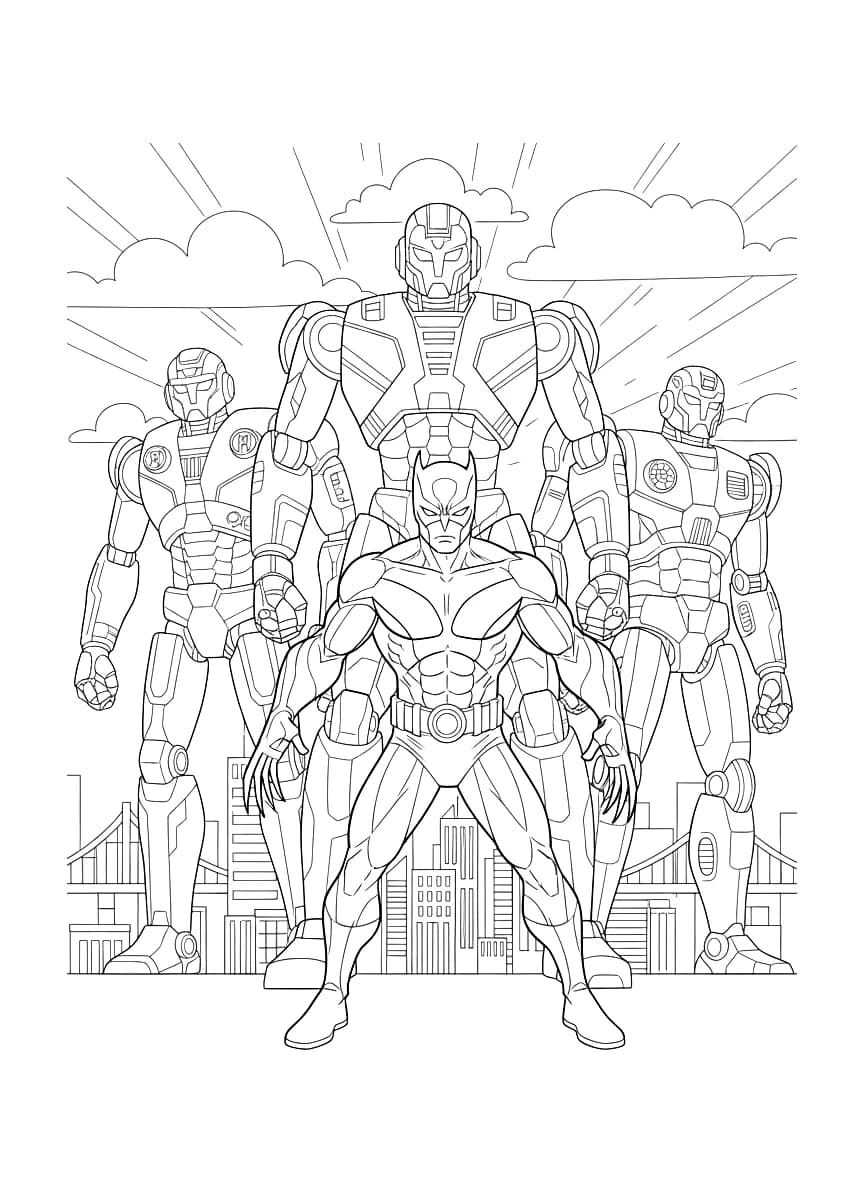 A fierce hero standing against towering robots.