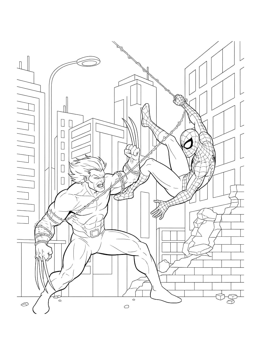 Two superheroes are locked in a dynamic battle.