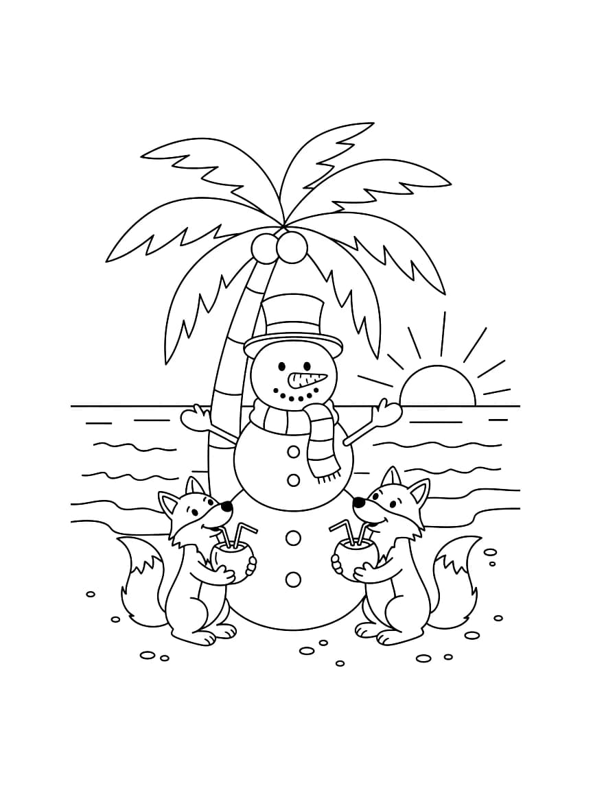 Um boneco de neve na praia com lobos bebendo água de coco.