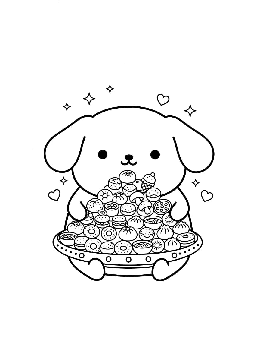 Aqui está uma imagem de um cachorro kawaii fofo comendo um grande prato de 100 comidas.