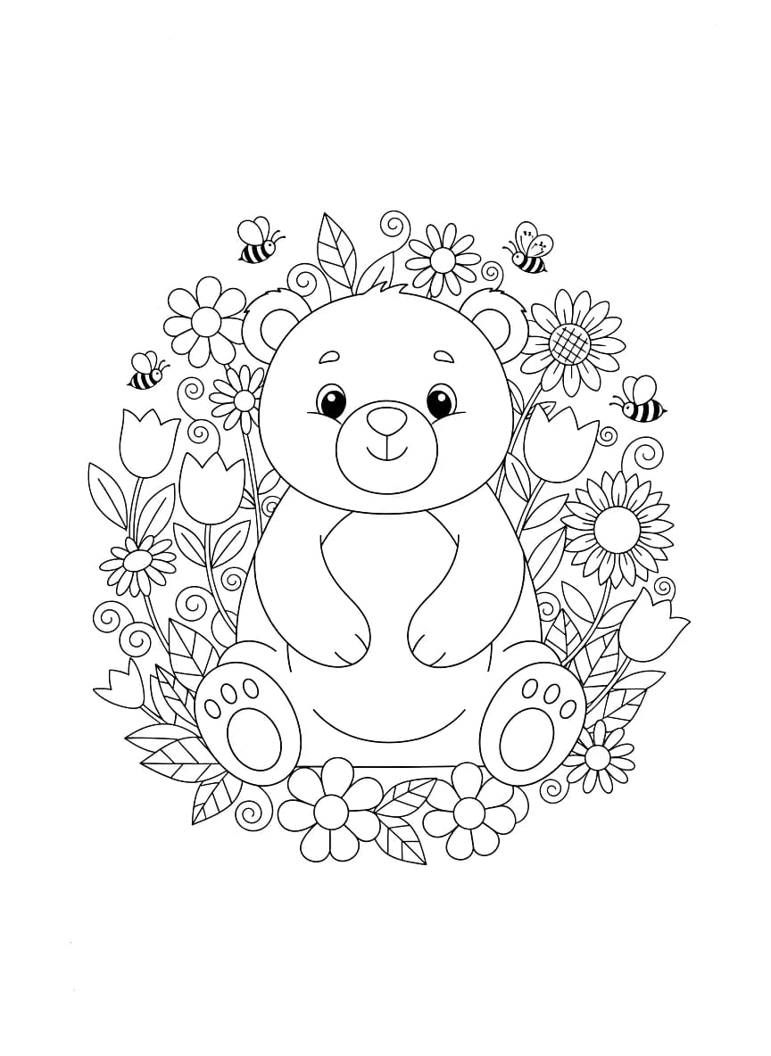 Um urso fofinho rodeado por flores.