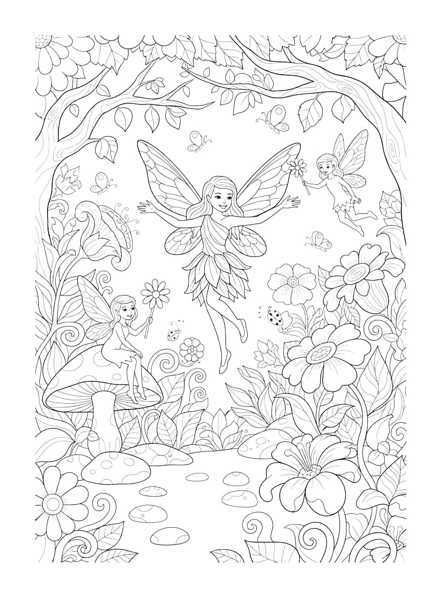 Fadas brincalhonas na natureza, com muitas flores e folhagens para colorir.