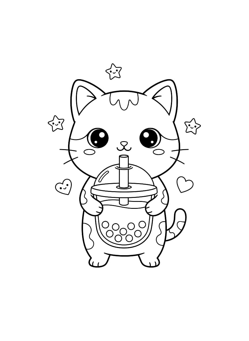 Een schattige kat drinkt boba.