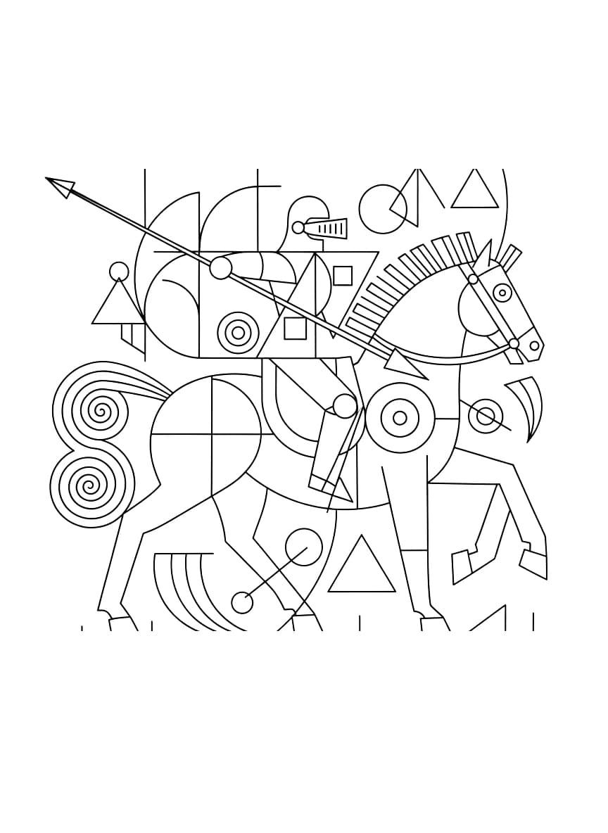A brave knight riding a horse in an abstract geometric style.
