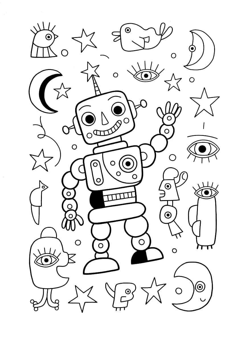 A robot waves hello with a smile.