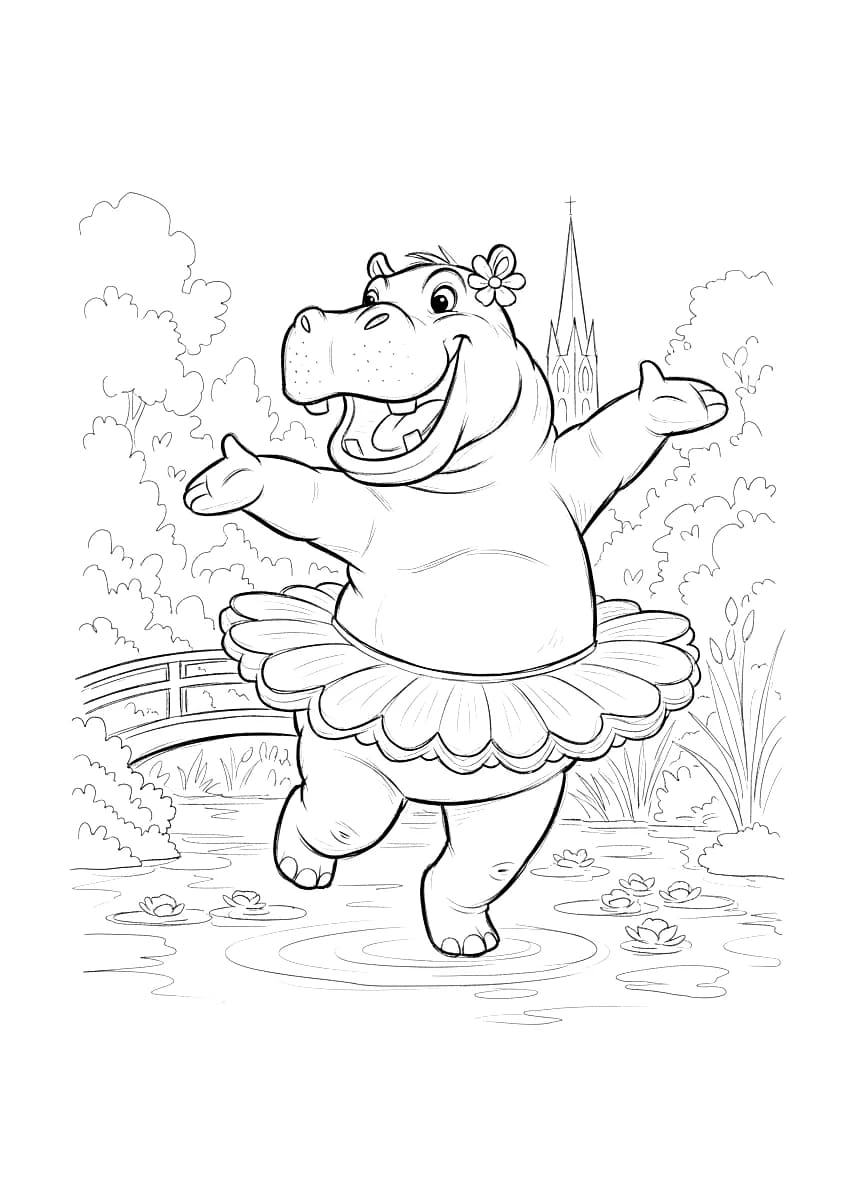 A dancing hippo wears a tutu.