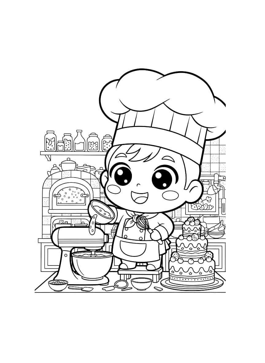 A chibi chef bakes a delicious cake.