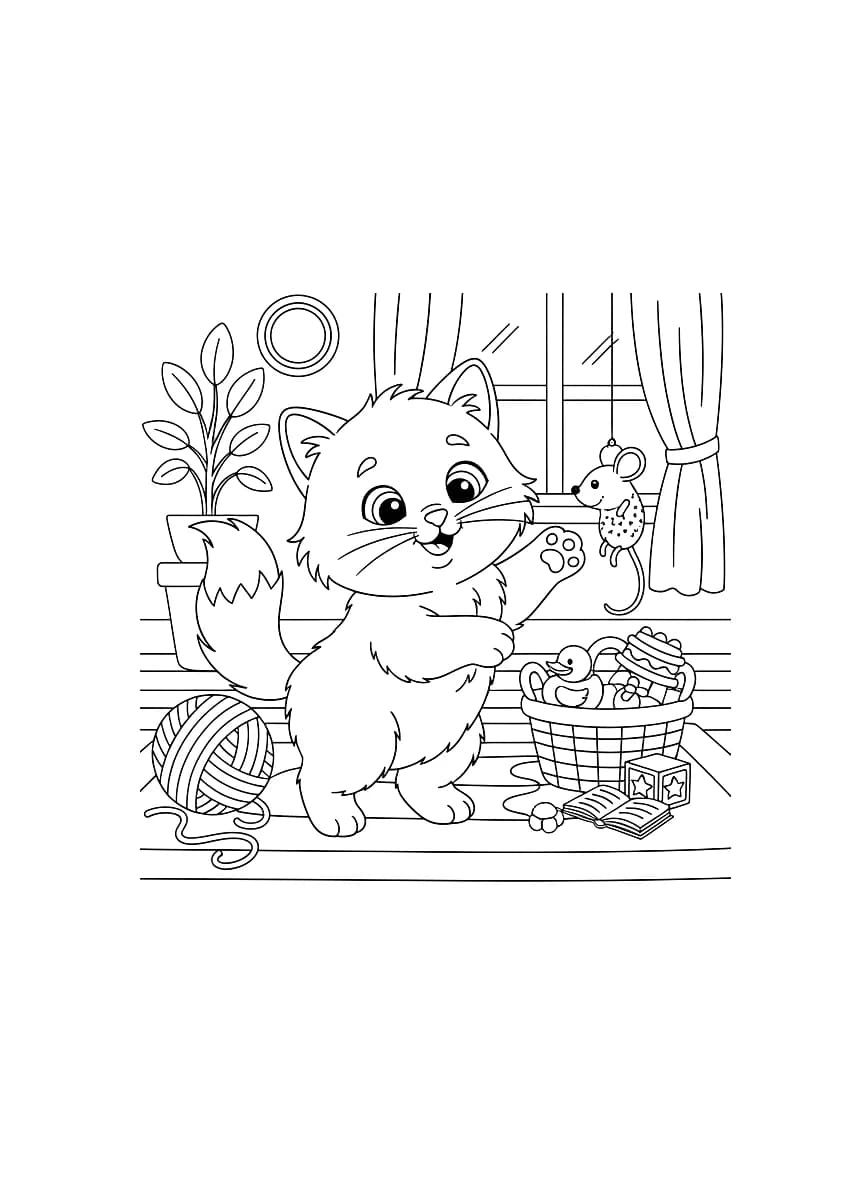 A fluffy kitten playing with a toy mouse.