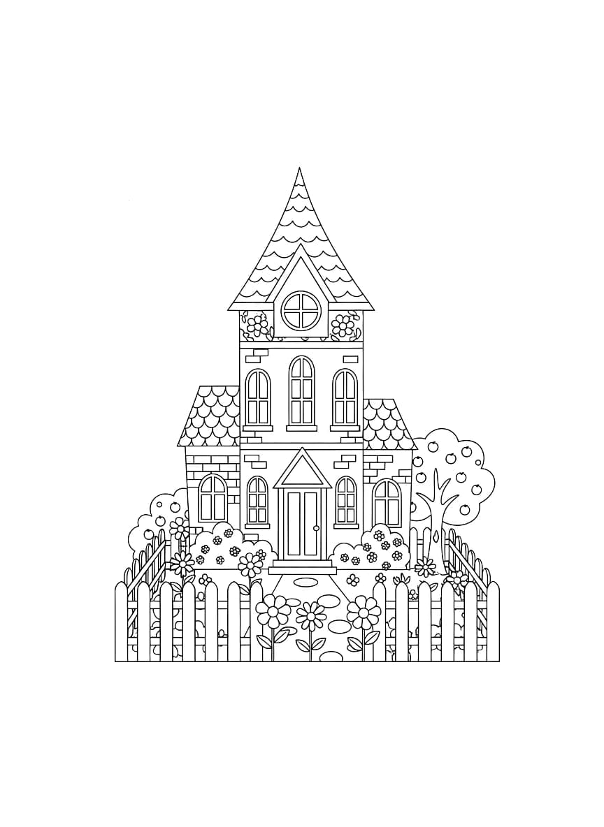 Een huis met een tuin en een hek.