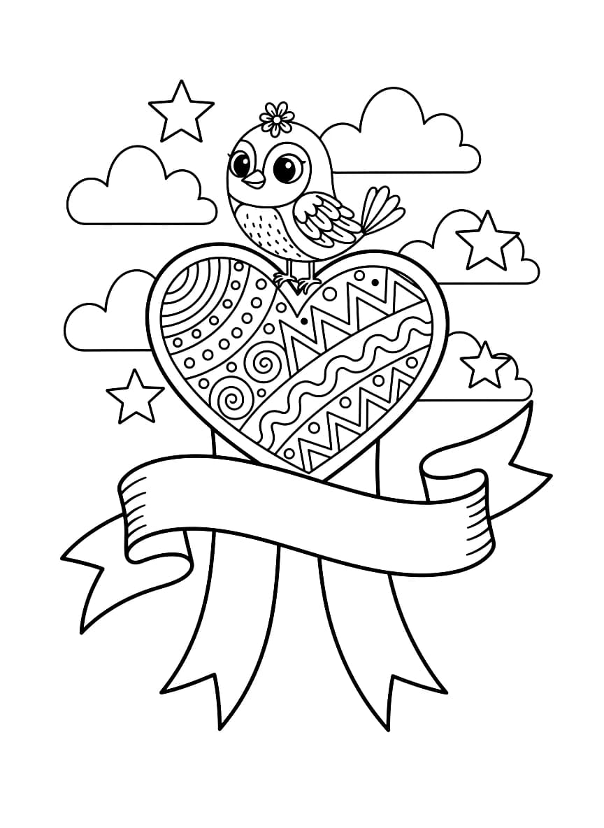 Een hartje met een lief, klein vogeltje erop.