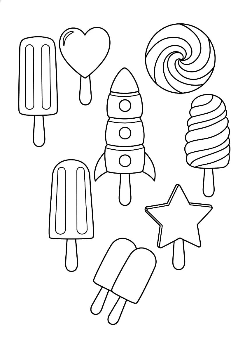 A variety of popsicles on sticks, ready to be colored.