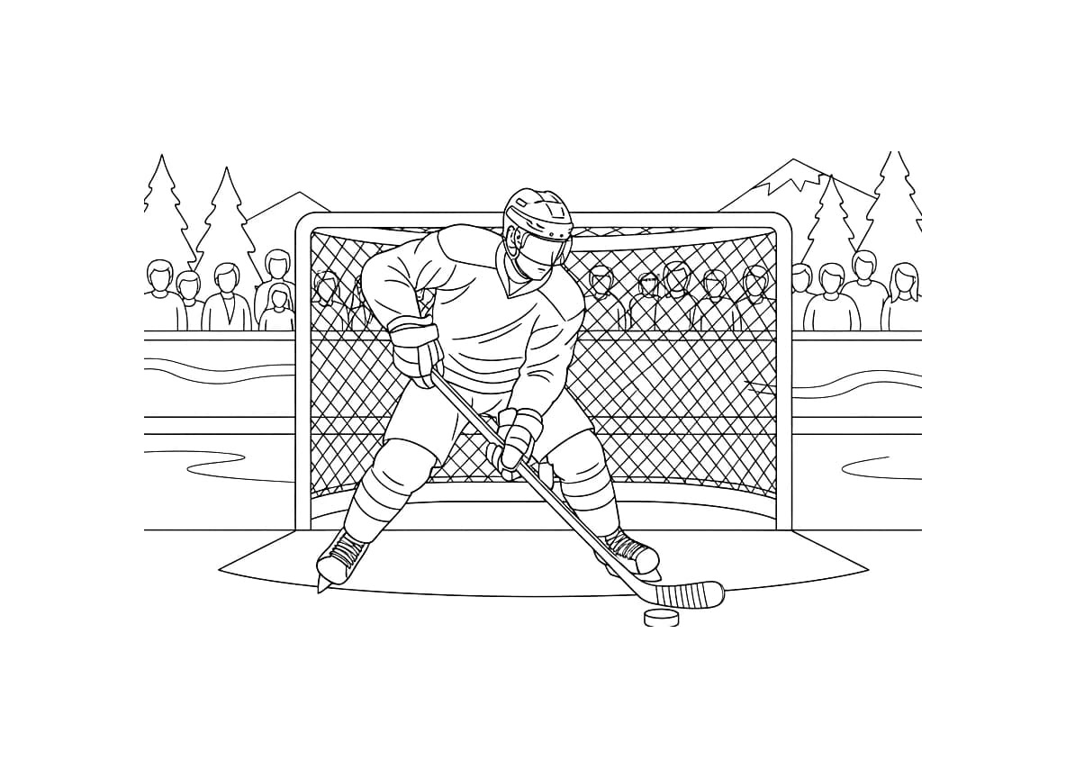 A hockey player takes a shot on goal.