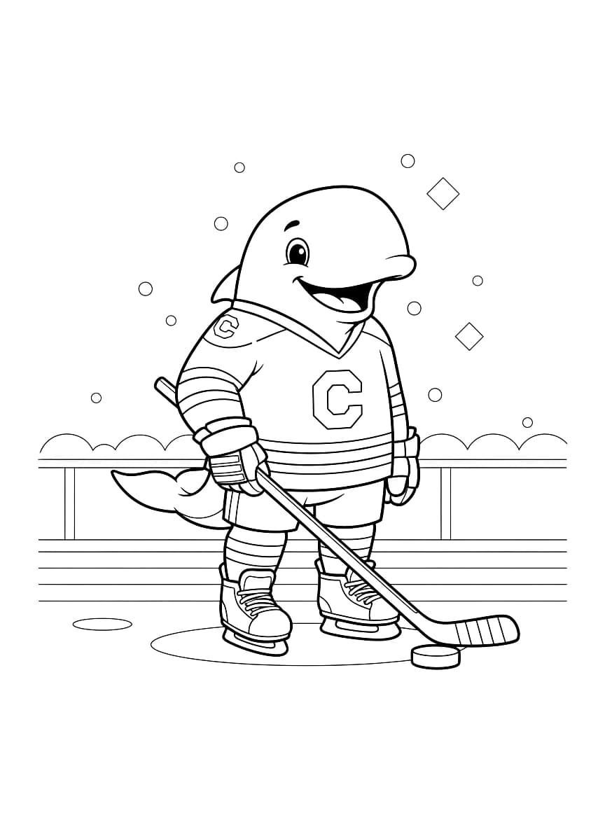 A cartoon whale in a hockey jersey.
