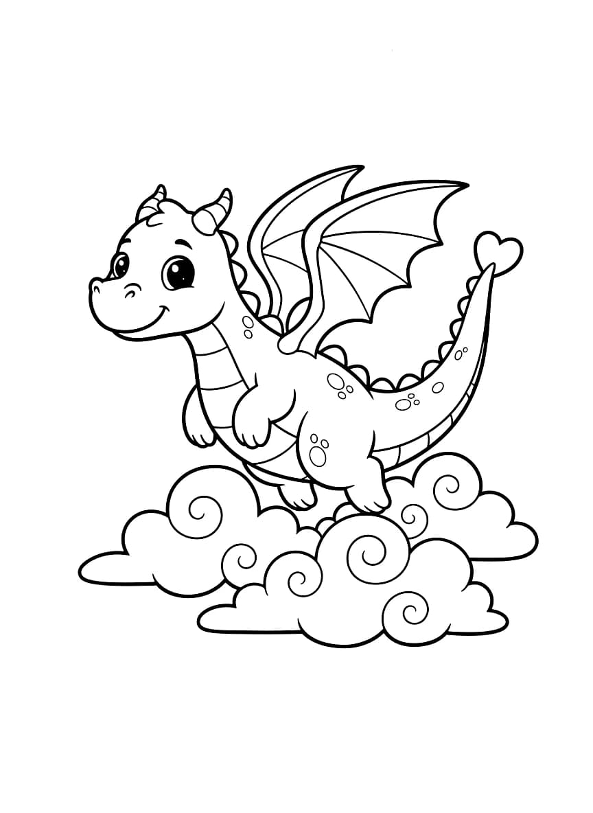 A friendly dragon flying over clouds.