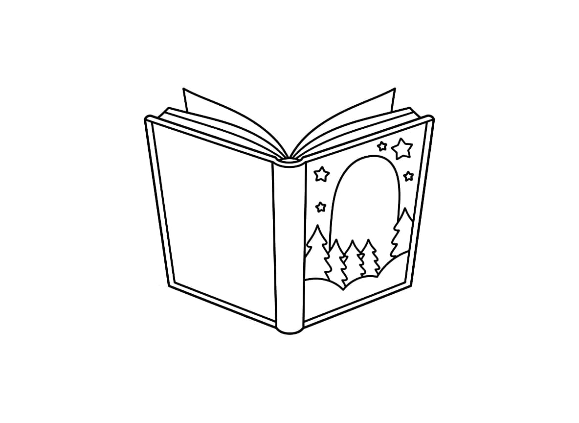 A simple coloring book image of an open book with blank pages.