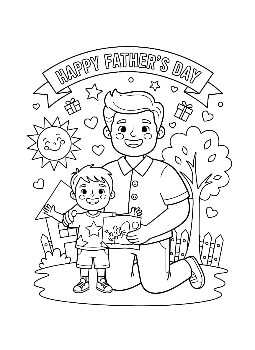 A father and child share a joyful moment with a "Happy Father's Day" banner.