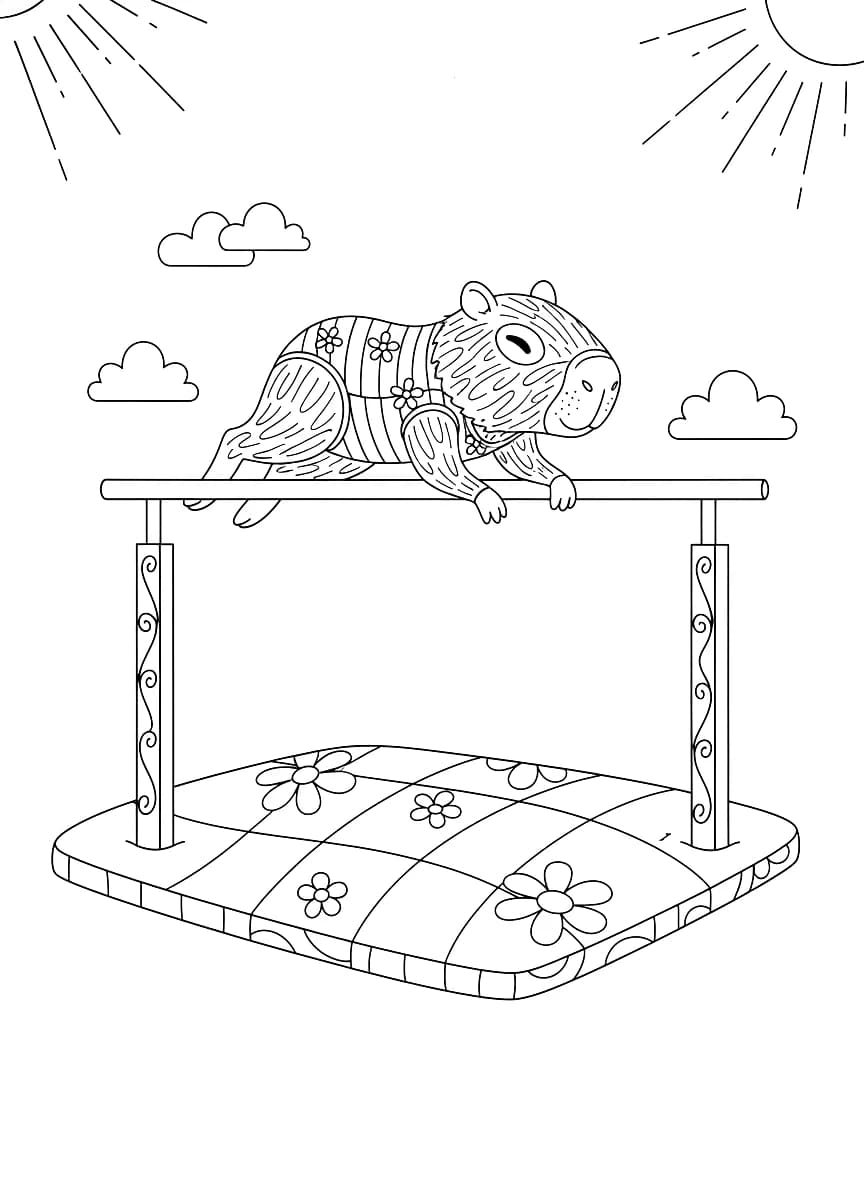 A capybara performs artistic gymnastics on parallel bars.
