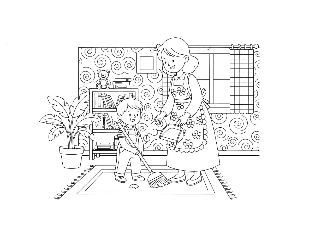 A child sweeping the floor, helping an adult.