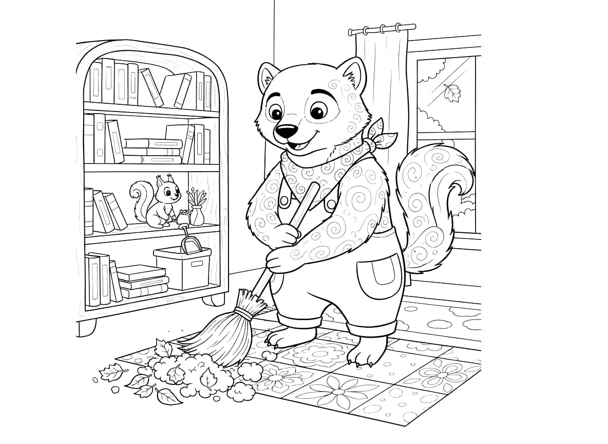 A wolverine sweeping the floor.