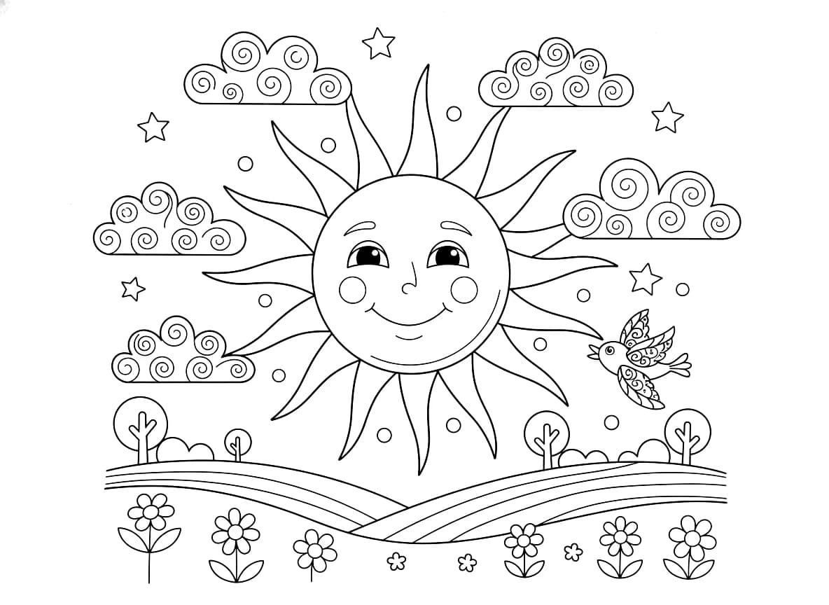Um sol sorrindo no céu azul.