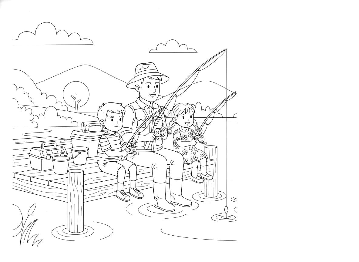 A family enjoys a peaceful fishing trip with dad.
