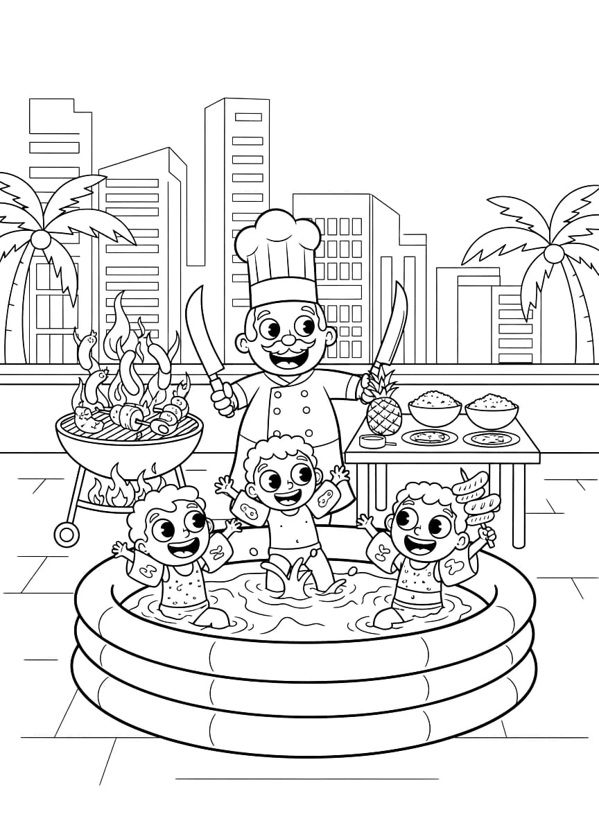 Brazilian barbecue in Singapore with children in an inflatable pool.