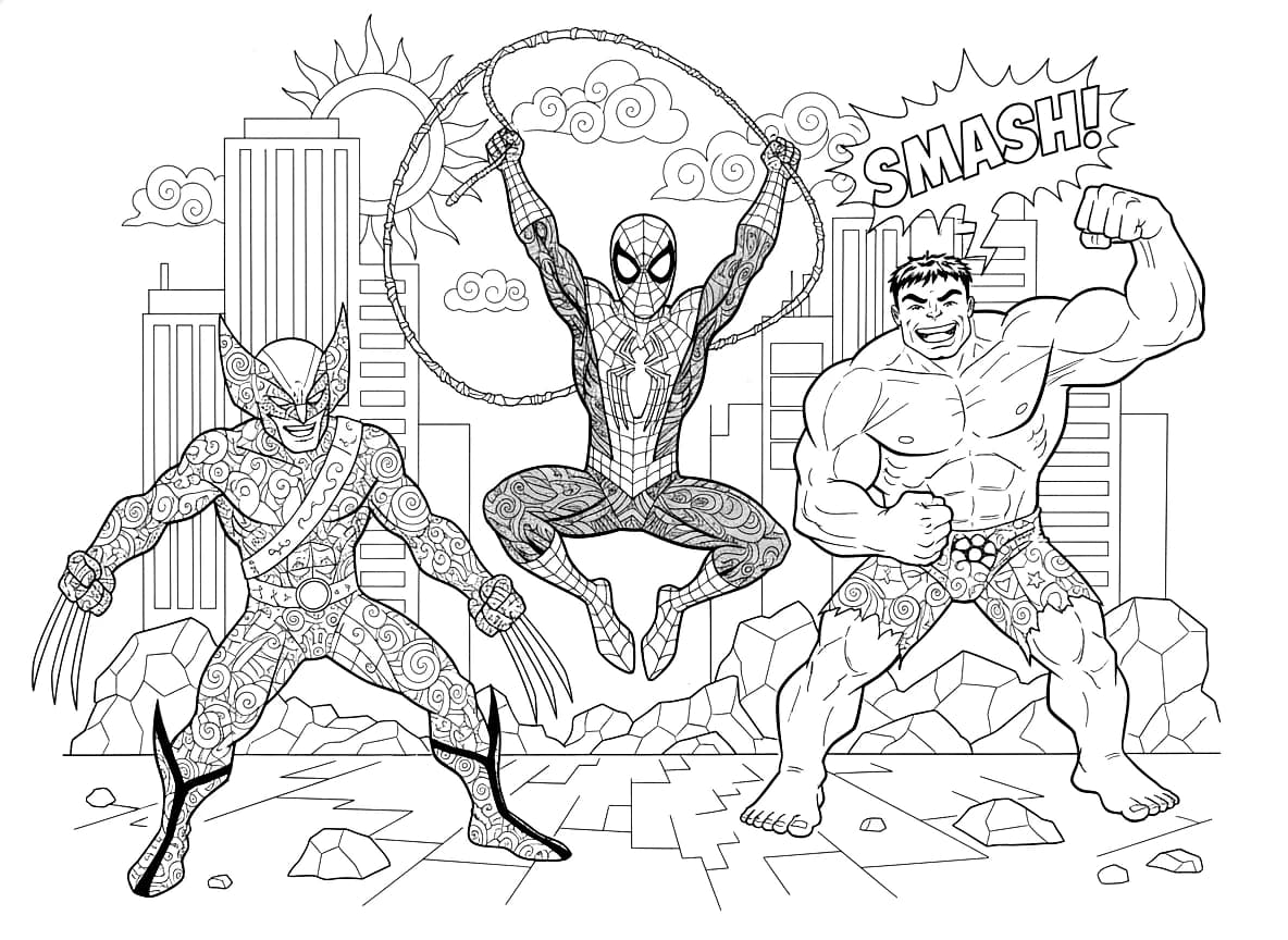 Three superheroes engaged in a playful battle.