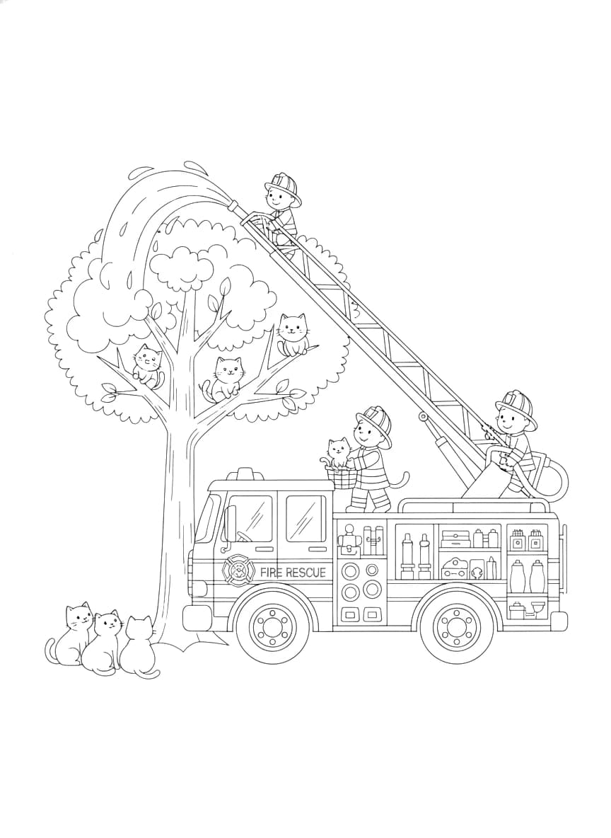 A busy firetruck is saving cats from a tree.