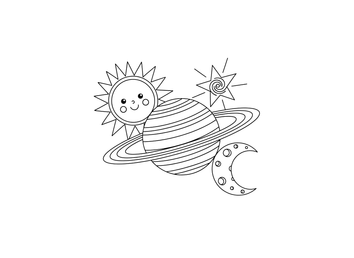 Hier is een kleurboekafbeelding van planeten, de maan, een ster en de zon.
