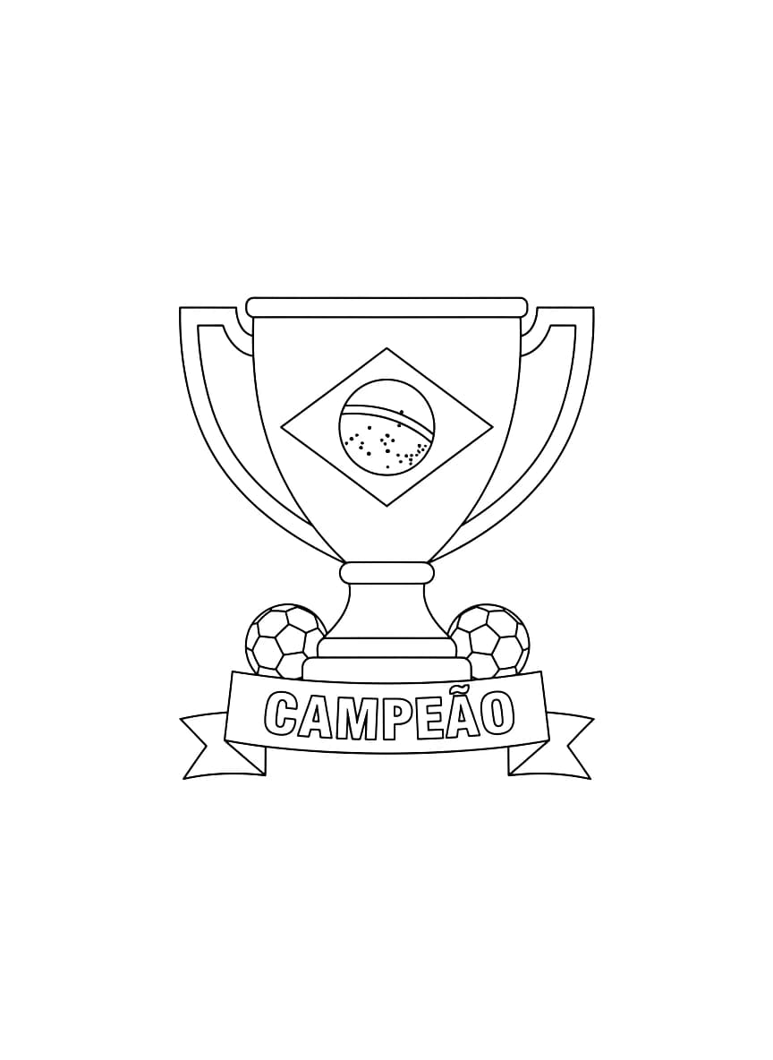 Um troféu de futebol com a bandeira do Brasil e a inscrição "Campeão" para colorir.