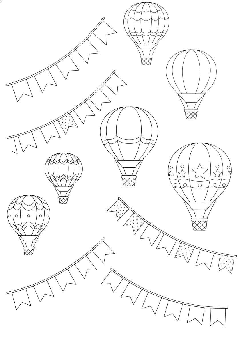 Uma imagem para colorir de bandeirinhas e balões de Festa Junina.