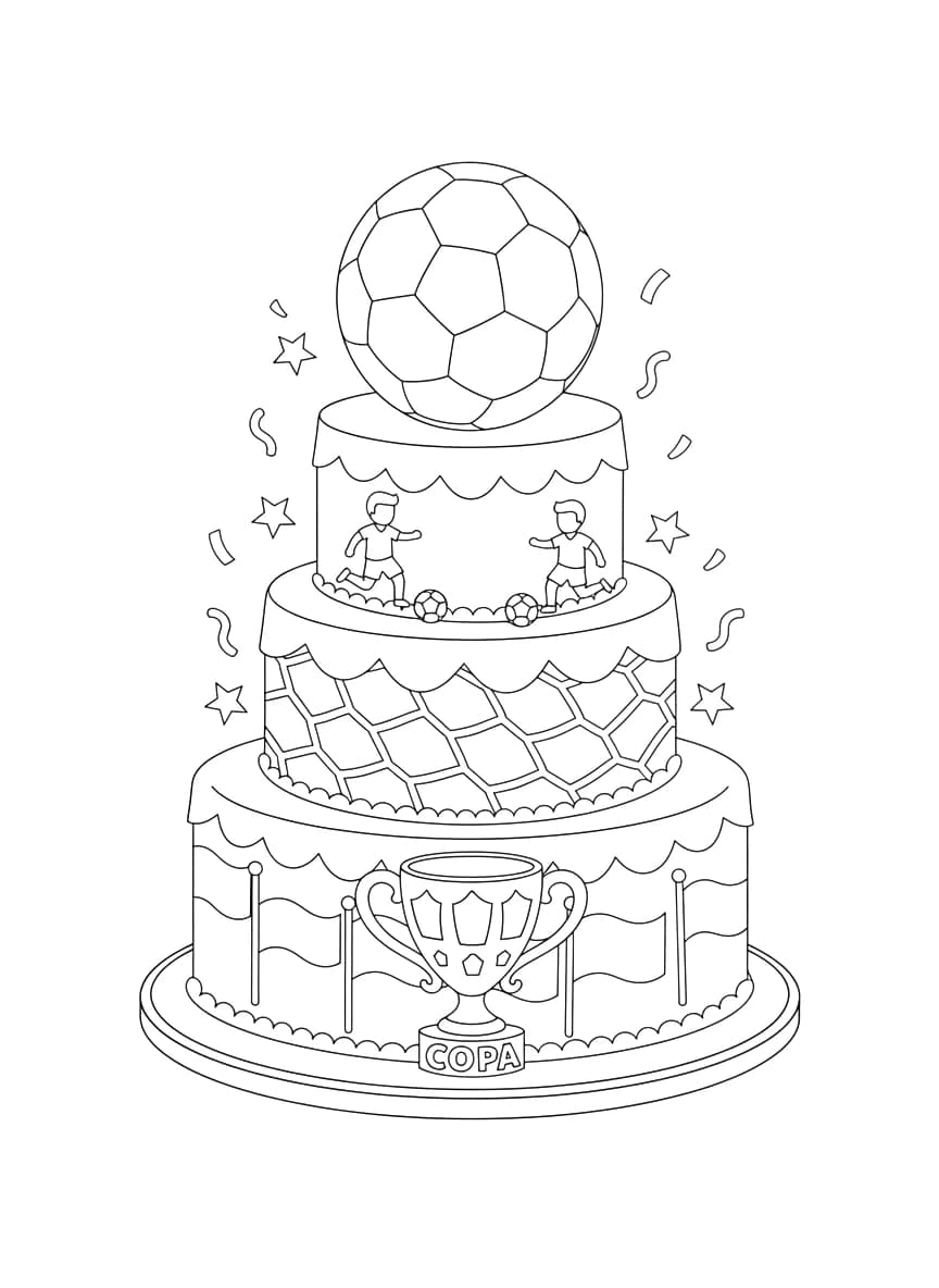 Este é um bolo decorado com motivos de futebol para celebrar a Copa do Mundo.