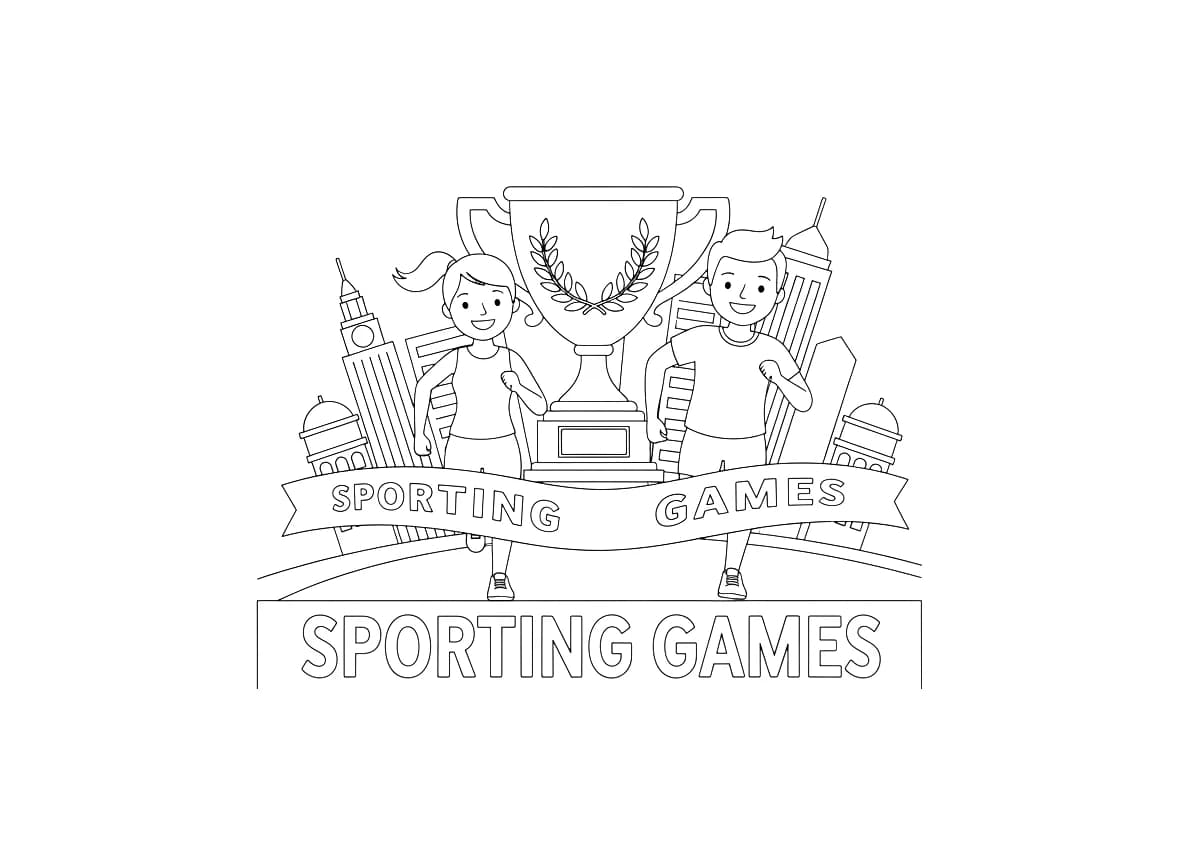 This coloring page shows two athletes competing in a race with a large trophy nearby.