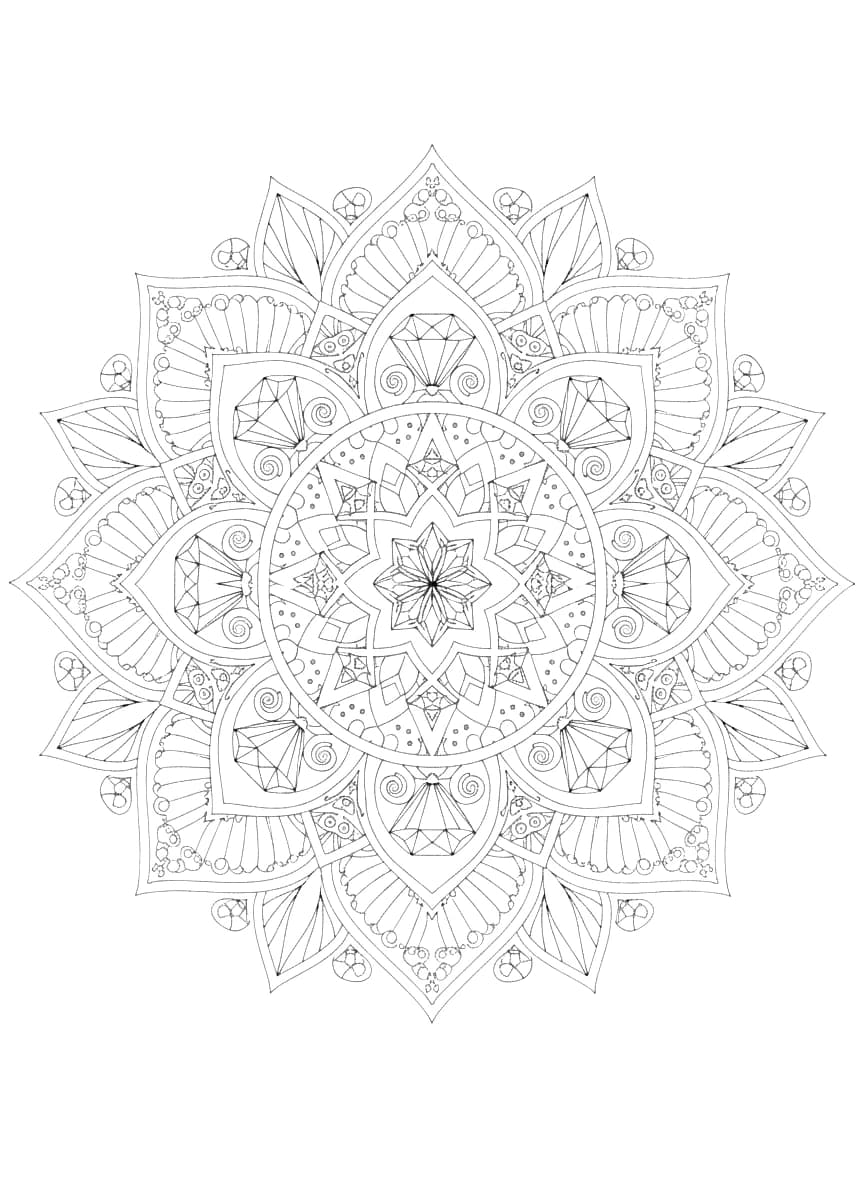 Ein detailliertes Ausmalbild von Verlobungsringen in einem kreisförmigen Mandala-Design.