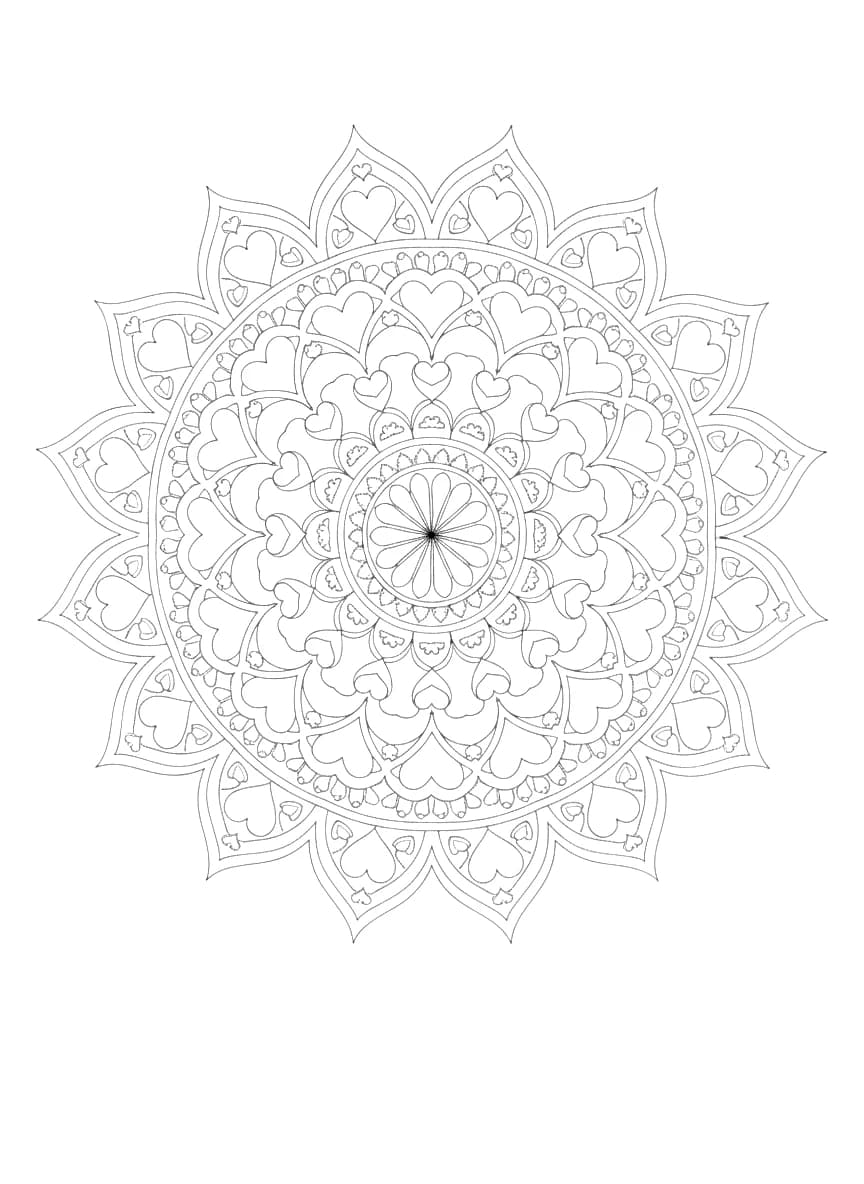 Ein Mandala-Ausmalbild mit Herzen.
