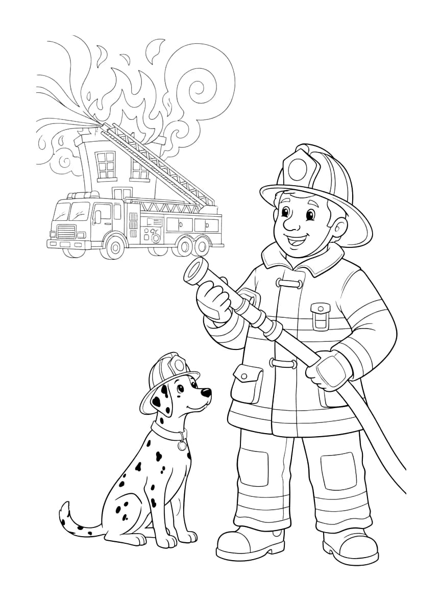 Un pompier avec sa lance à incendie.