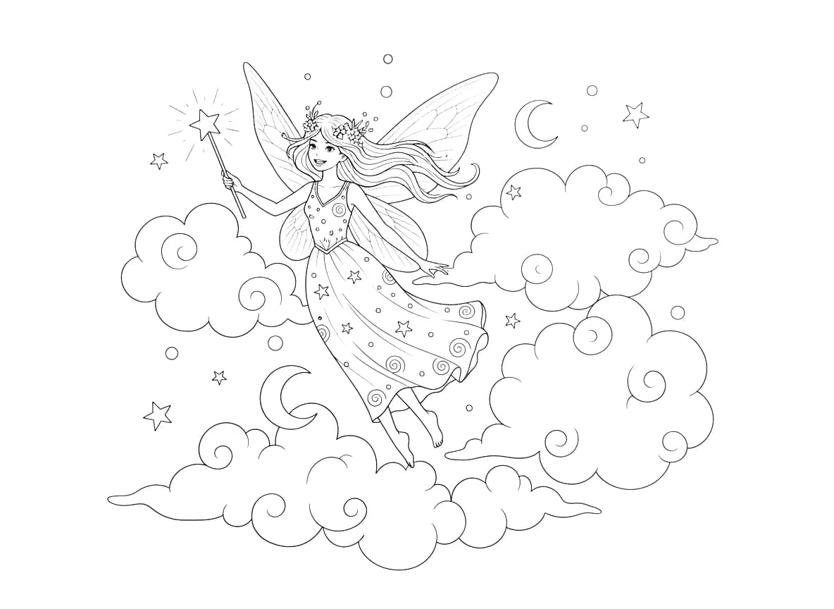 A fairy flying through clouds.